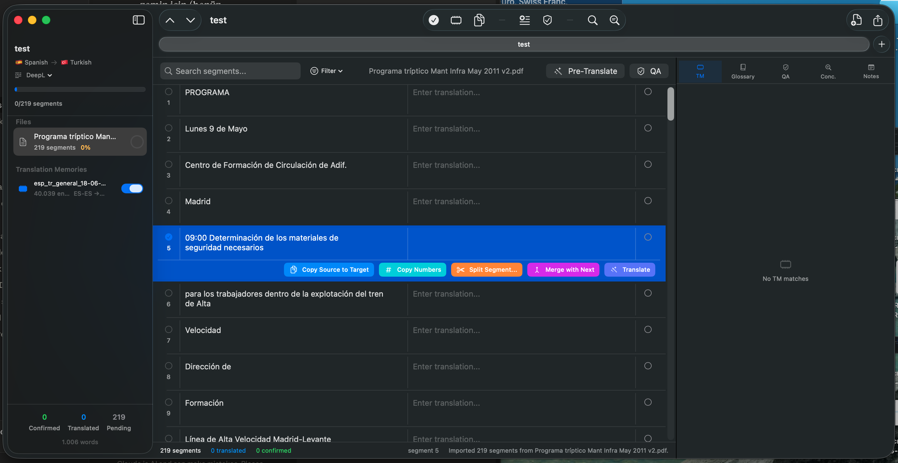 tradumacos editor showing a Spanish to Turkish translation project