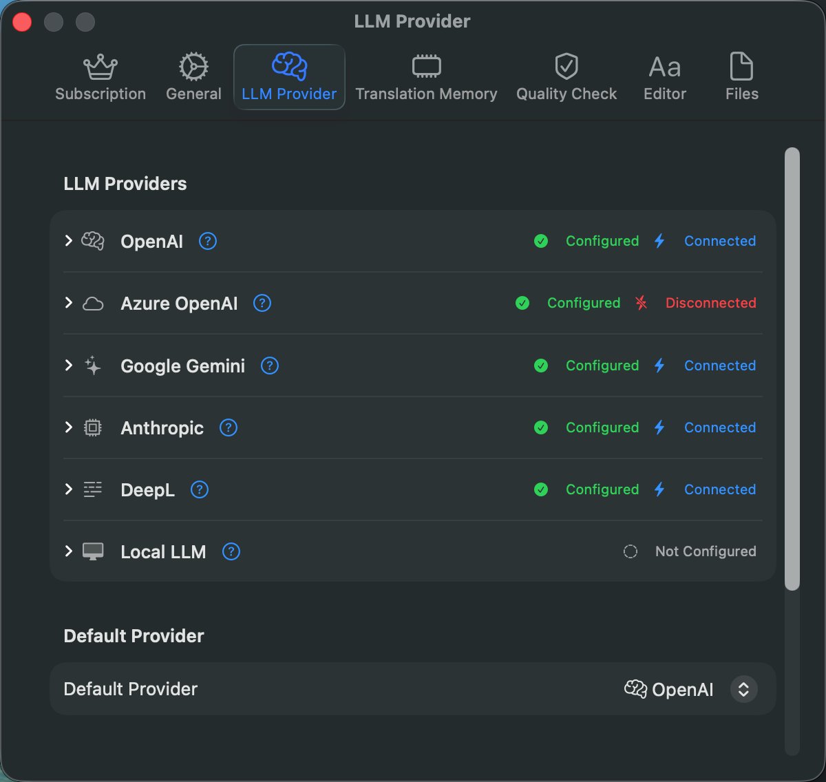 LLM Provider configuration showing six AI providers