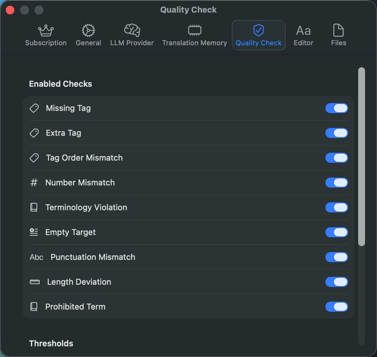 Quality Check settings showing nine enabled checks
