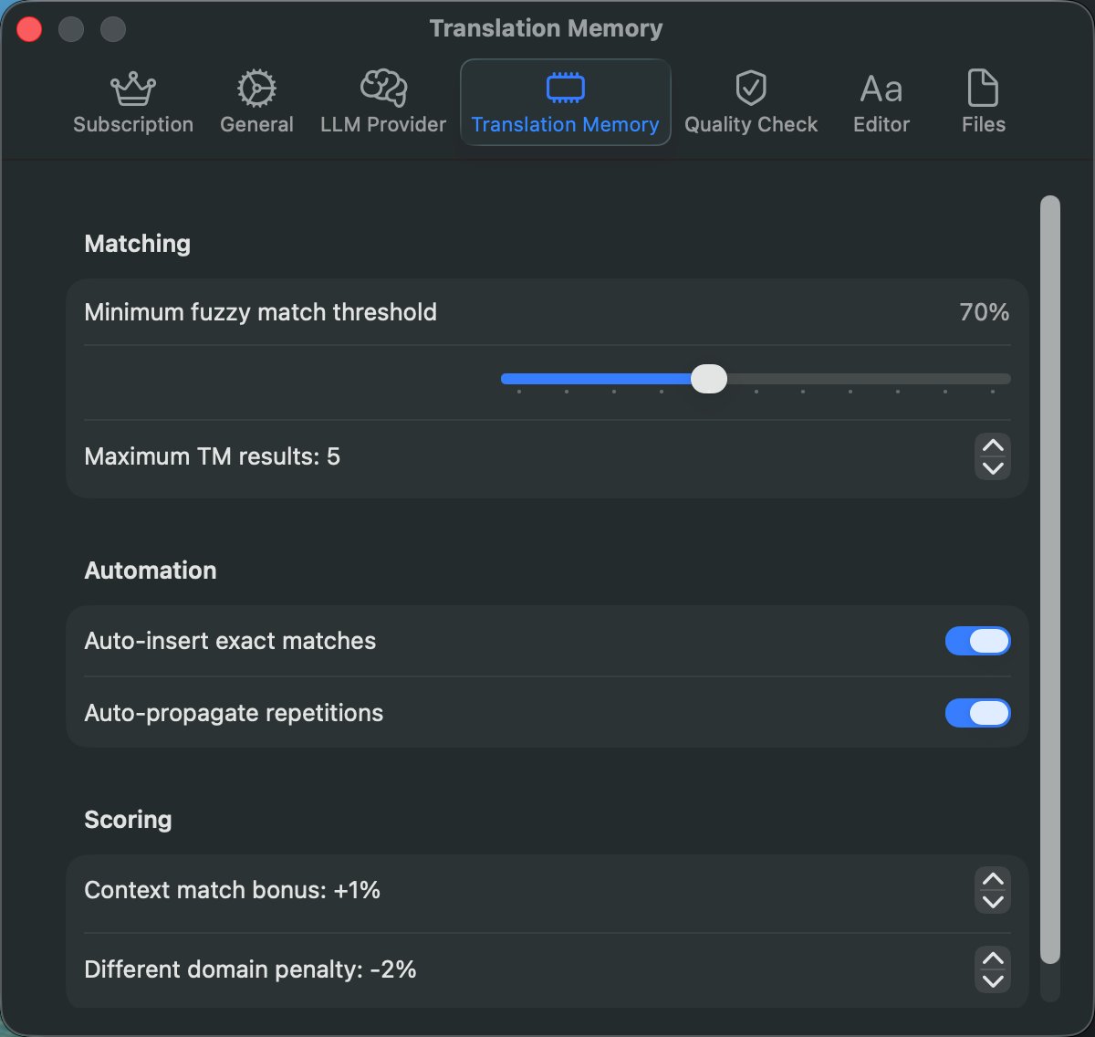 Translation Memory settings panel
